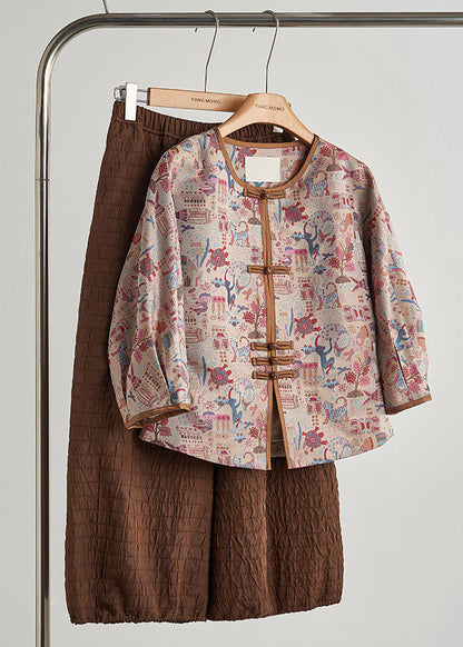Khaki Print Chinese Button Cotton Jacket Fall