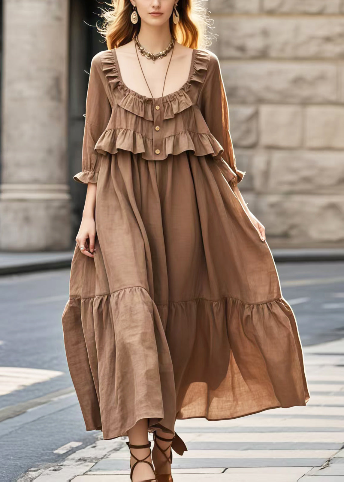 Brown U Neck Patchwork Ruffles Long Dress Summer
