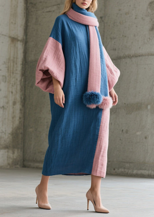 Colorblock O Neck Patchwork Cotton Robe Dresses Fall
