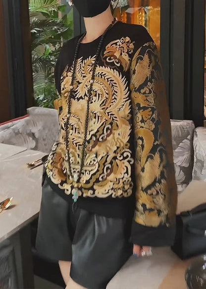 Black Oriental Embroideried Cotton Sweatshirts Top Fall