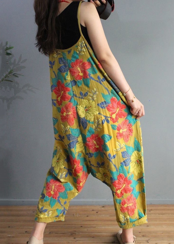 Yellow Print High Waist Cotton Jumpsuit Sleeveless