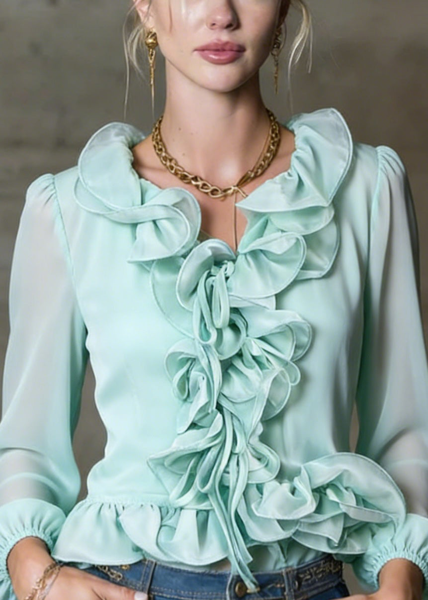 French Green Ruffled Patchwork Chiffon Blouses Spring