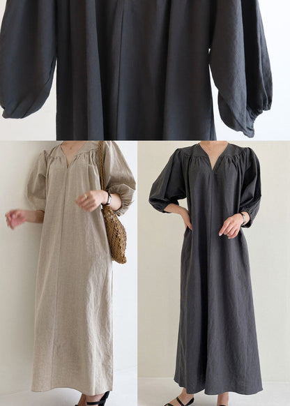 Khaki V Neck Retro Cotton Dress Half Sleeve