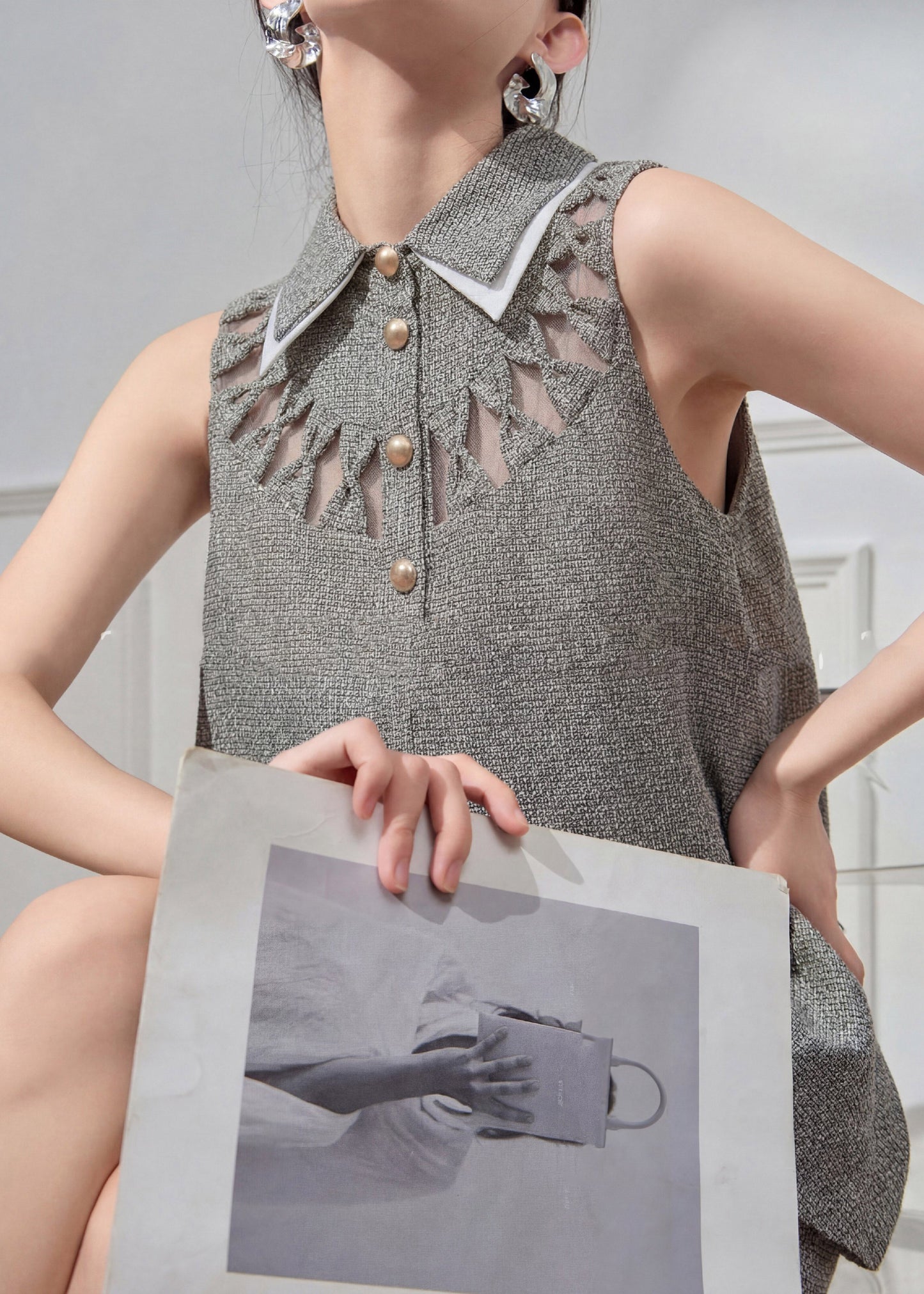 Art Grey Peter Pan Collar Hollow Out Top and Skirts Two Pieces Set Summer