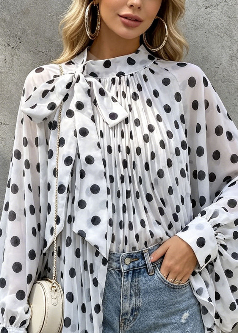 White Dot Print Bow Chiffon Tops Batwing Sleeve