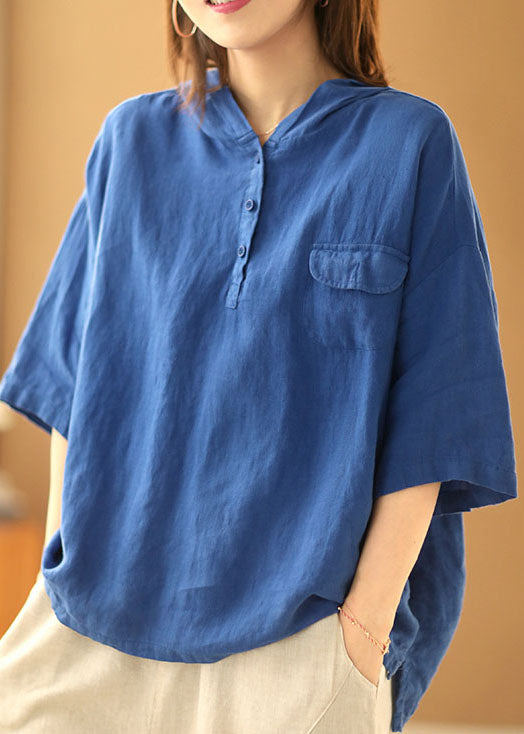 Blue Color Hooded Pockets Cotton Blend Pullover Top Summer