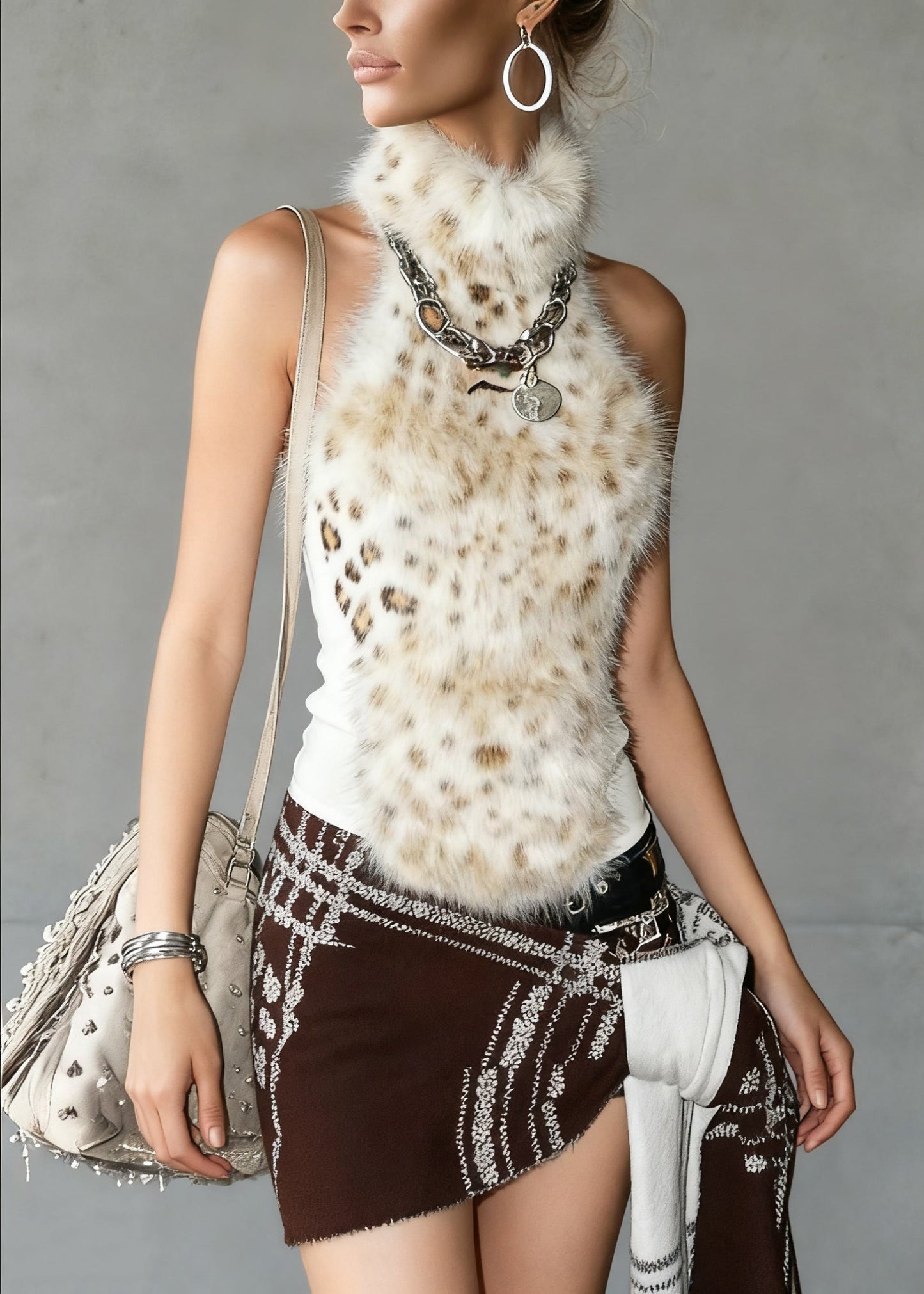 Leopard Turtleneck Fluffy Patchwork Tank Sleeveless
