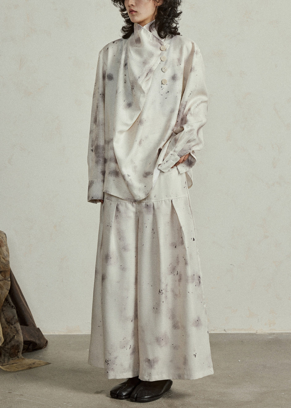 Boutique Stand Collar Tie Dye Two Pieces Set Top and Wide Leg Pants Lantern Sleeve