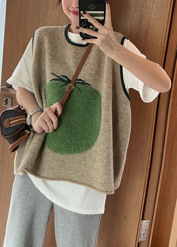 French Khaki O-neck Patchwork Print Woolen Knitted Vest Sleeveless