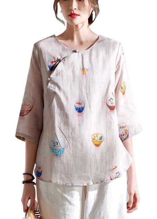 Beige Patchwork Print Button Summer Ramie Top