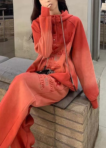 Red Gradient Color Hooded Letter Warm Fleece Two Pieces Set Winter