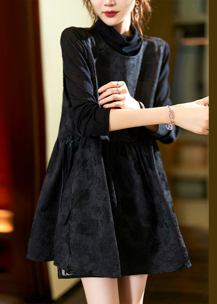 Jacquard Black O-neck Side Open Patchwork Silk Sets 2 Pieces Spring