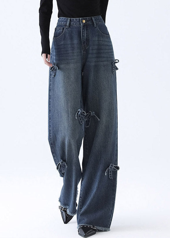 Natural Denim Blue Pockets Patchwork Bow Wide Leg Jeans Spring