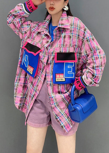 Blue Plaid Button Patchwork Cotton Blouses Long Sleeve
