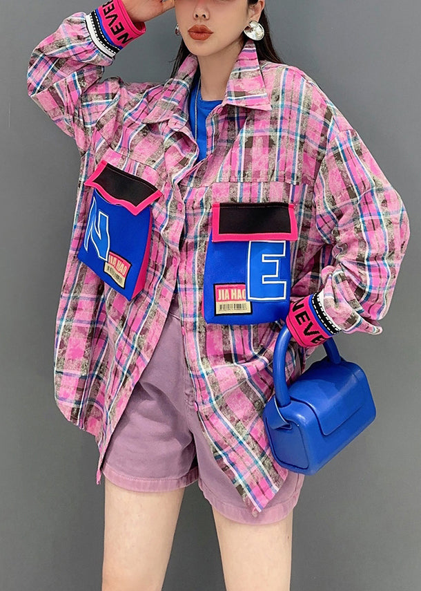 Blue Plaid Button Patchwork Cotton Blouses Long Sleeve