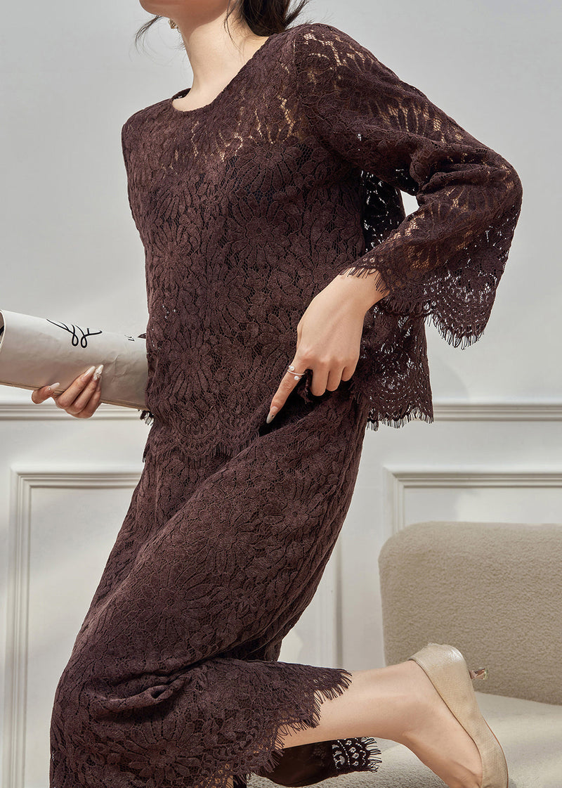 Coffee O Neck Hollow Out Lace Two Pieces Set Fall