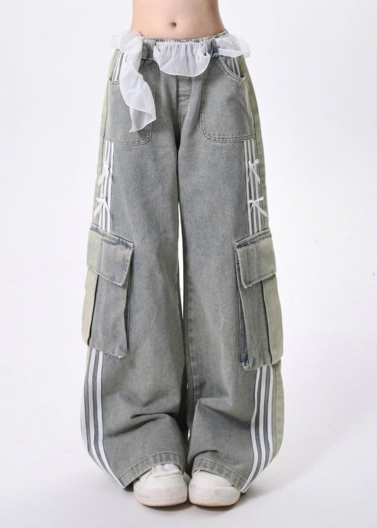 Modern Light Blue Elastic Waist Pockets Denim Pants Fall