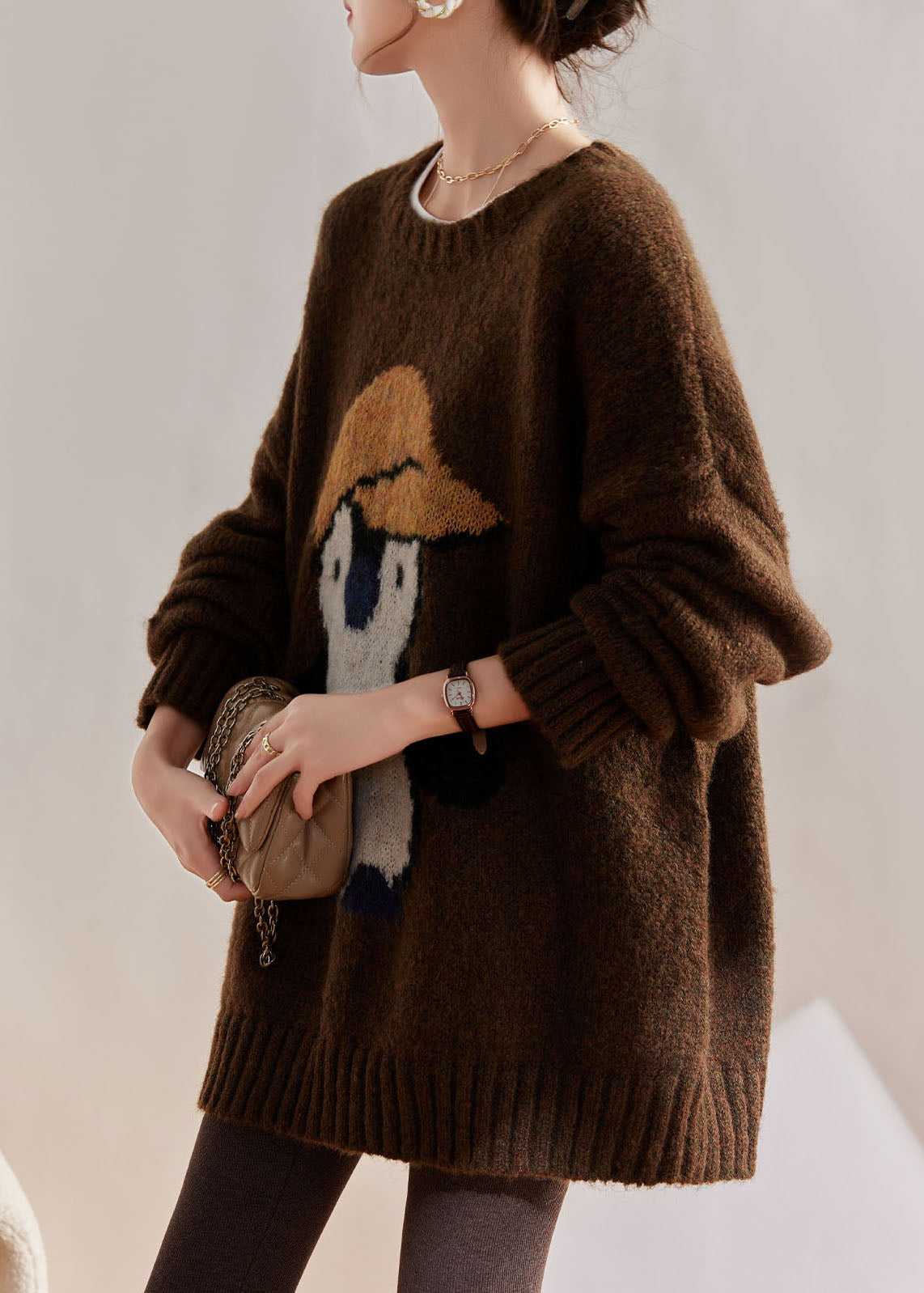 Jacquard Coffee O-neck Thick Cotton Knit Sweater Winter