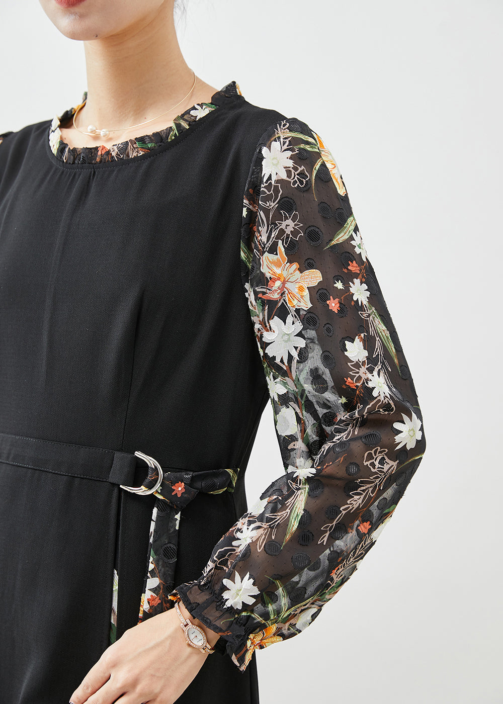 Classy Black Cinched Patchwork Silk Fake Two Piece Dress Spring