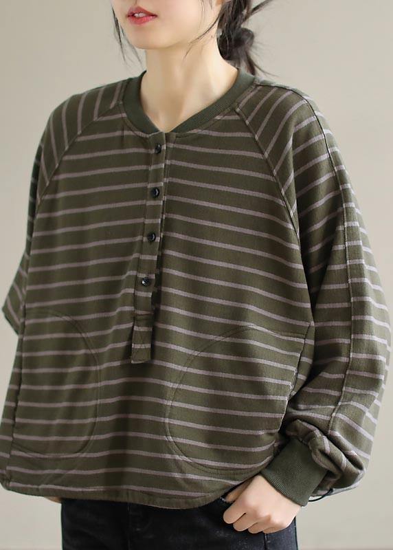 Green Striped Tops Blouses O Neck Clothing Spring Shirt