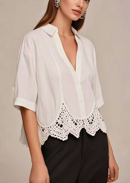 White V Neck Patchwork Lace Short Shirt Summer
