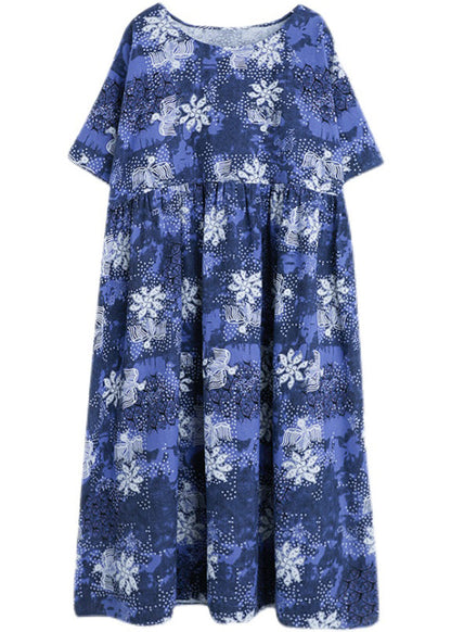 Italian Blue O-neck Cinched Print Maxi Dresses Short Sleeve