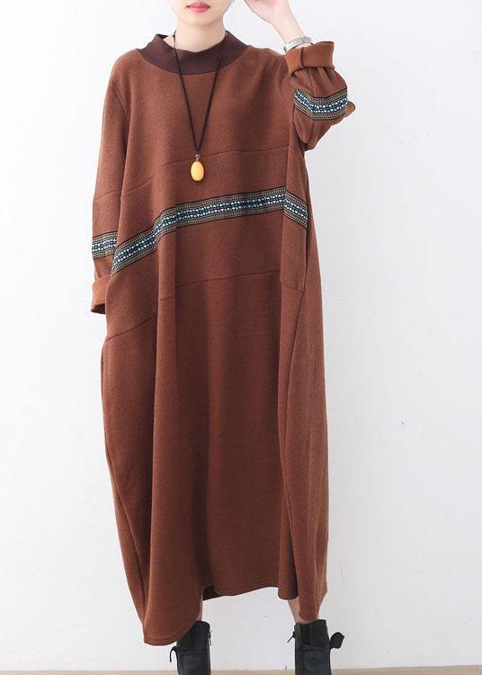 Classy Chocolate O-neck Long Sleeve Loose Fall Cotton Dress