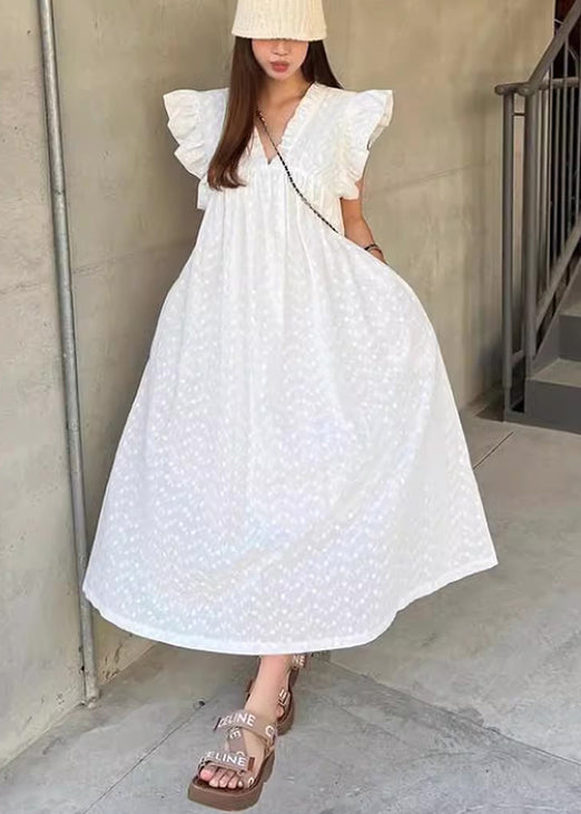 White Dot Ruffled Cotton Holiday Dress Sleeveless