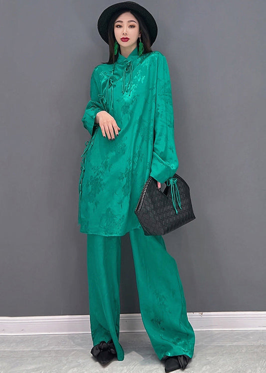 Green Stand Collar Jacquard Silk Sets 2 Pieces Long Sleeve Fall