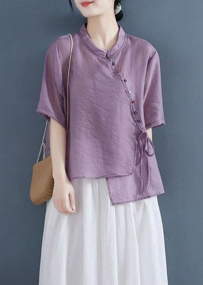 Purple Patchwork Shirt Top Chinese Style Button Half Sleeve