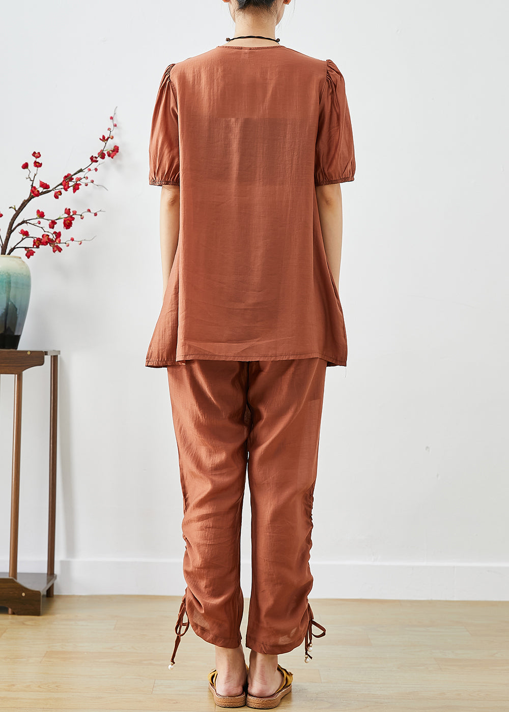 Handmade Brick Red O-neck Cinched Silk Two Pieces Set Summer
