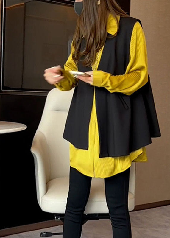 Natural V Neck Black Waistcoat and Yellow Shirts Two Pieces Set Fall