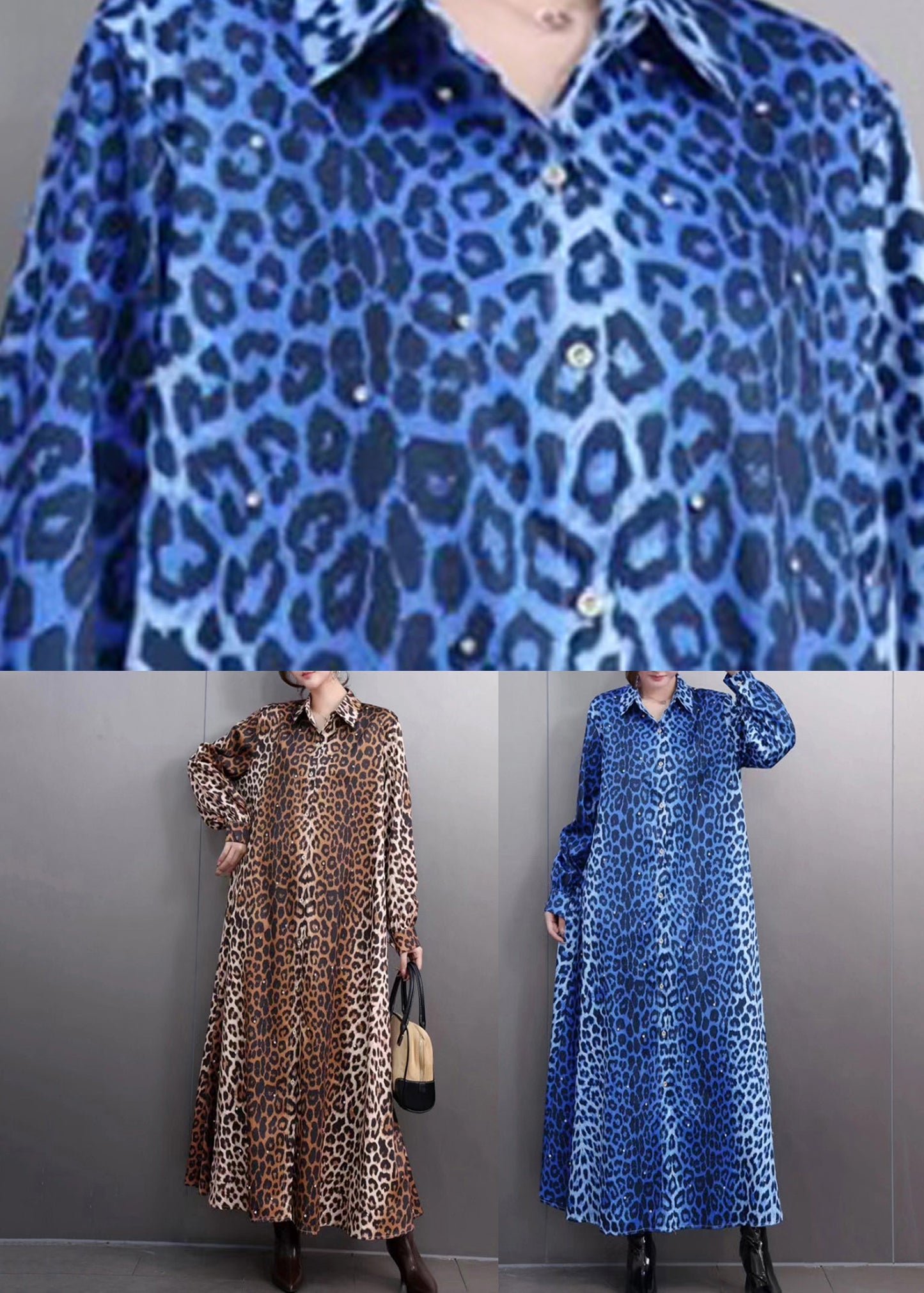 Modern Blue Leopard Print Button Maxi Shirts Dress Lantern Sleeve Fall