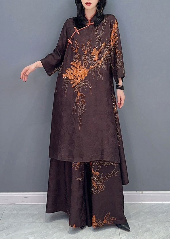 Brown Stand Collar Print Patchwork Silk Two Piece Set Outfits Fall