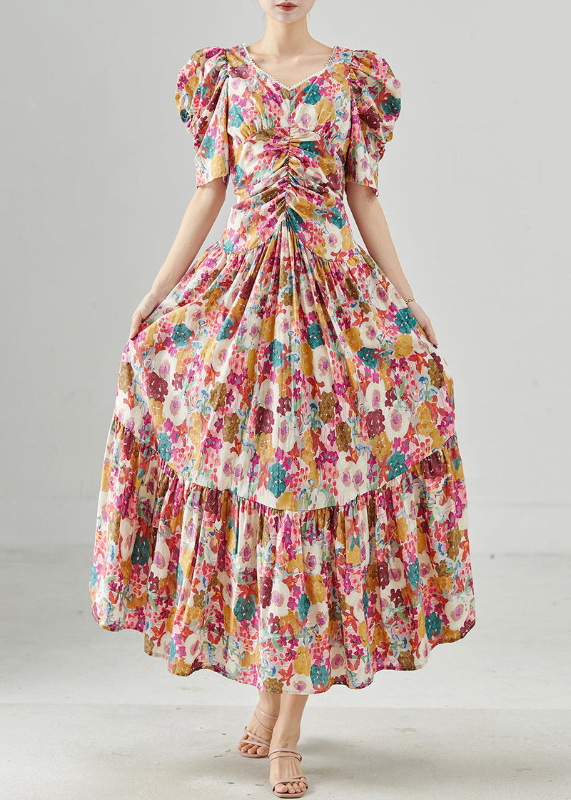 Puff Sleeve Print Cotton Maxi Dresses Summer