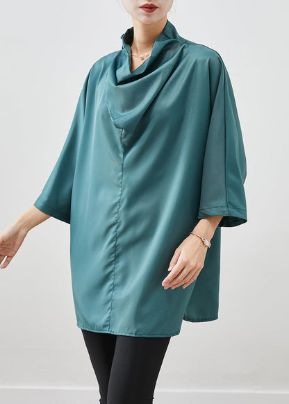 Blackish Green Turtle Neck Silk Shirt Bracelet Sleeve