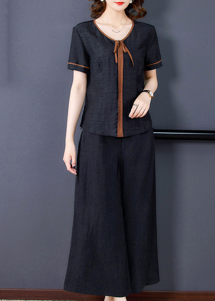 Fitted Black V Neck Patchwork Silk Two Pieces Set Summer