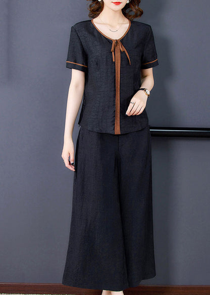 Fitted Black V Neck Patchwork Silk Two Pieces Set Summer