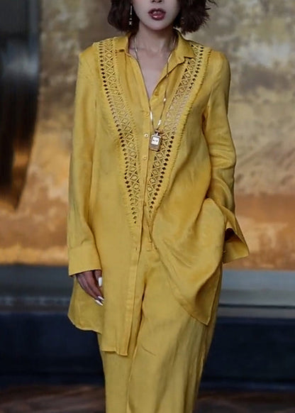 Unique Yellow Hollow Out Linen Sets 2 Pieces Fall