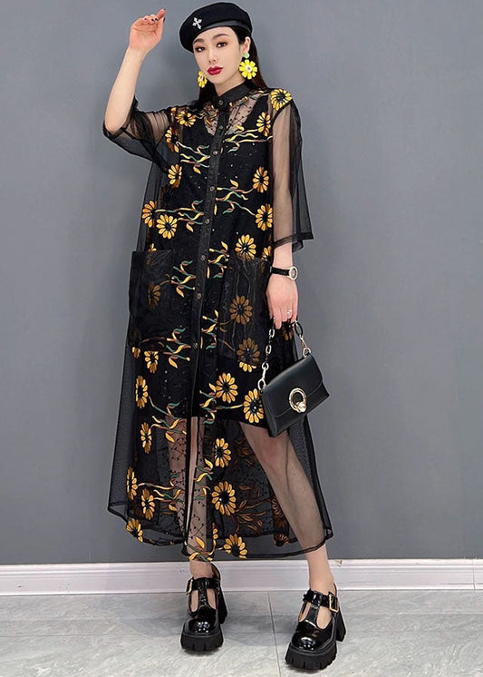 Black Hollow Out Print Tulle Upf 50+ Long Shirt Dress Summer
