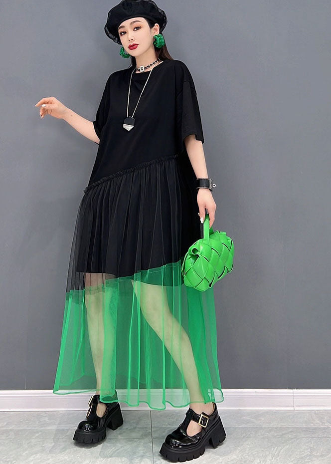Black O-neck Tulle Patchwork Cotton Robe Dresses Short Sleeve