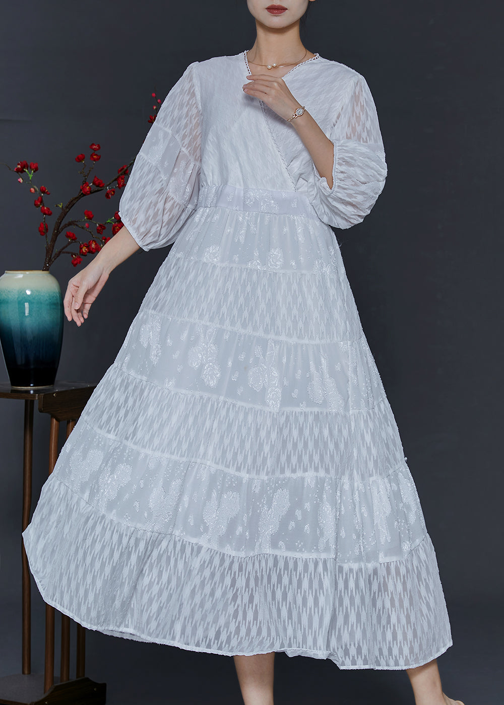 White V Neck Patchwork Chiffon Vacation Dresses Summer