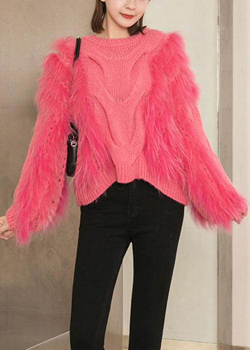 Pink Fluffy Thick Hollow Out Patchwork Knit Sweaters Fall
