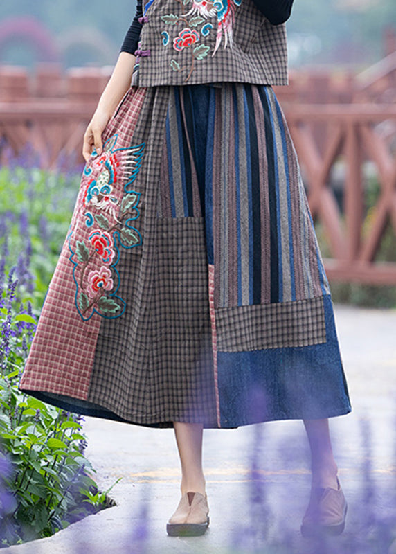 Blue Embroideried Plaid Patchwork Elastic Waist a Line Skirt Summer