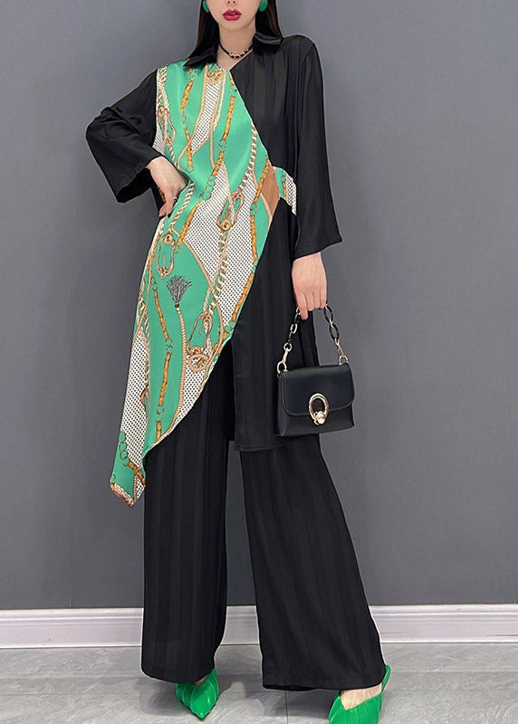 Stylish Black V Neck Asymmetrical Patchwork Chiffon Tops and Wide Leg Pants Two Pieces Set Spring