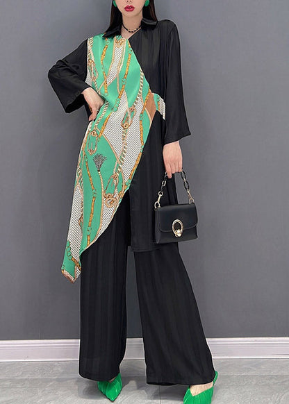 Stylish Black V Neck Asymmetrical Patchwork Chiffon Tops and Wide Leg Pants Two Pieces Set Spring