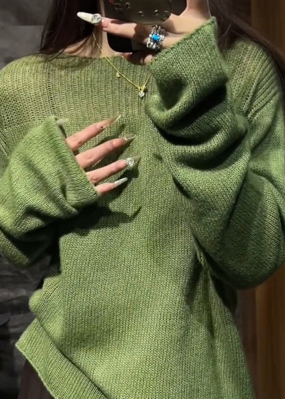 Green O Neck Hollow Out Cozy Knit Sweaters Fall