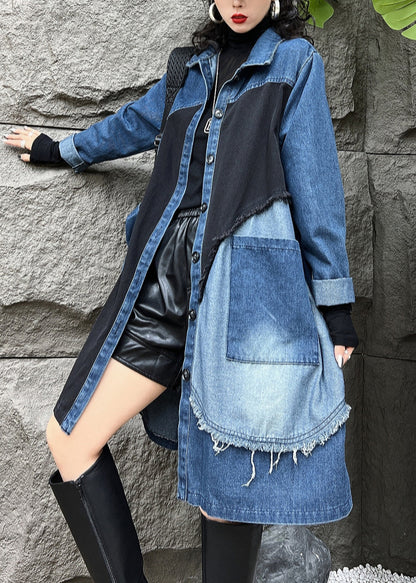 Blue Peter Pan Collar Button Pockets Denim Long Trench Coats Fall