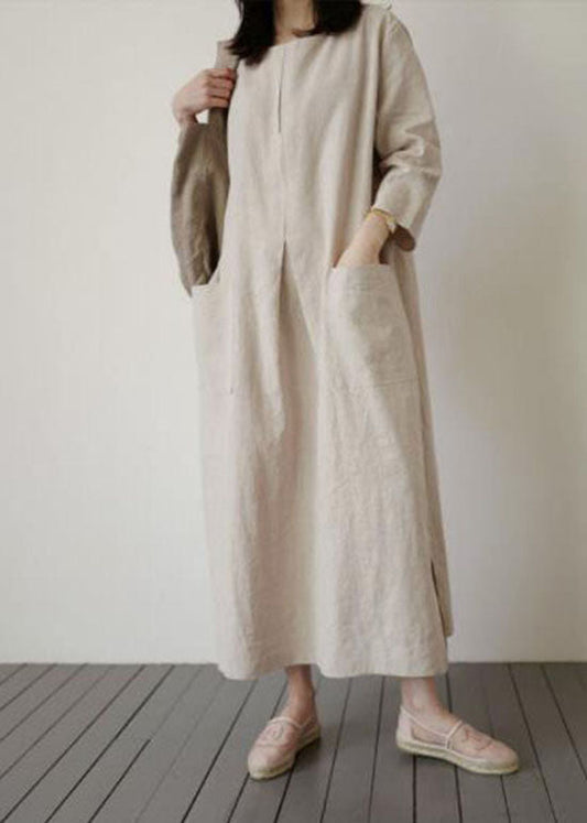 Italian Beige O-neck Side Open Cotton Dress Spring