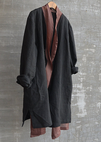 Handmade Black Patchwork Button Fake Two Pieces Linen Shirts Long Sleeve
